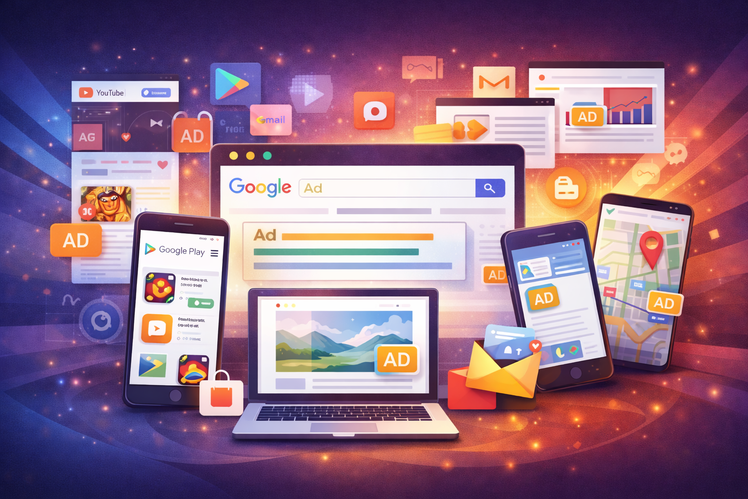 Where Google Ads are displayed: search, YouTube, partner sites, and mobile apps